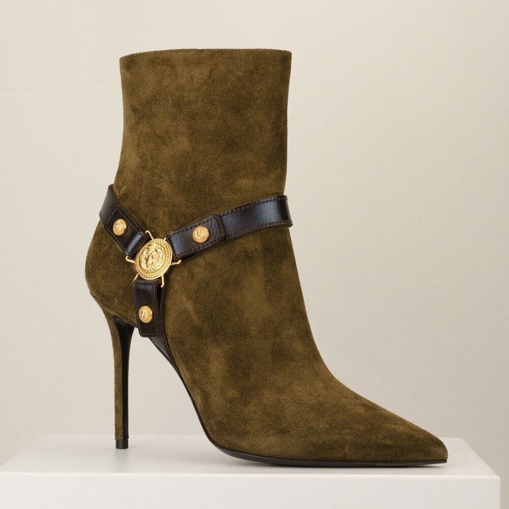 Balmain 105mm Eva Pointed Suede Leather Ankle Boot, Khaki Green, EU 40/US 10